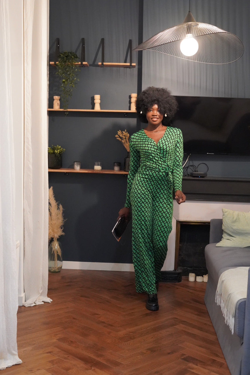 Glamour: Loungewear combinaison cache-cœur verte à imprimé